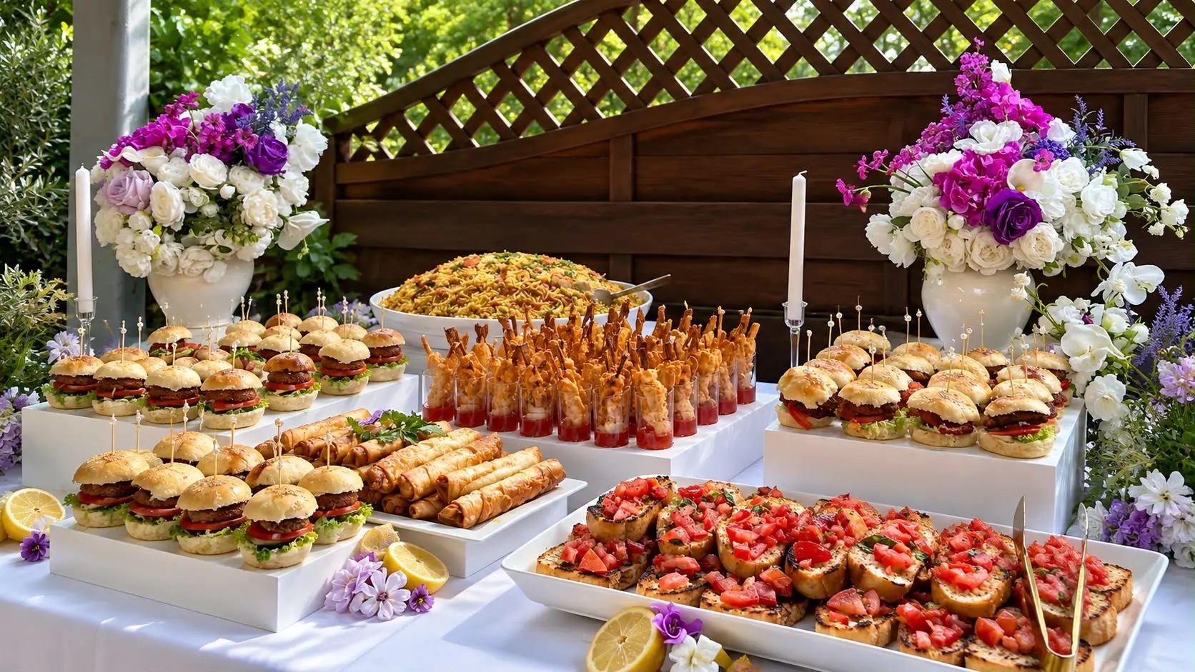 بوفيه في الهواء الطلق مع سلايدرز ولفائف الربيع وبروسكيتا